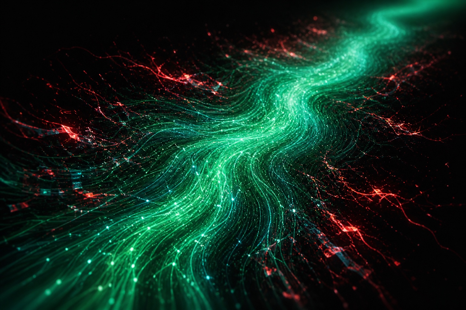 Healthy data flowing through the center; degraded data fraying red at the edges